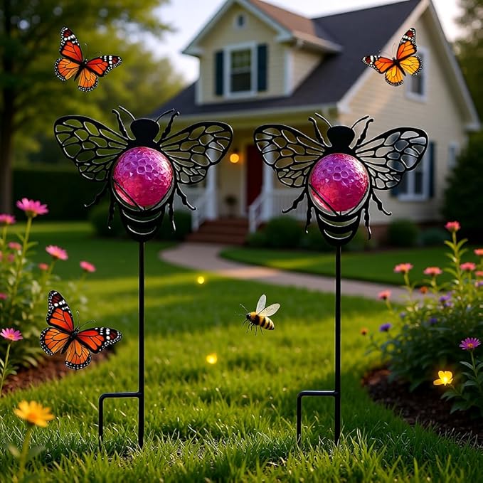Bee Solar Lights Outdoor Decorations, 2 Pack Metal Iron Solar Stake Lights for Yard, Garden, Lawn Decor