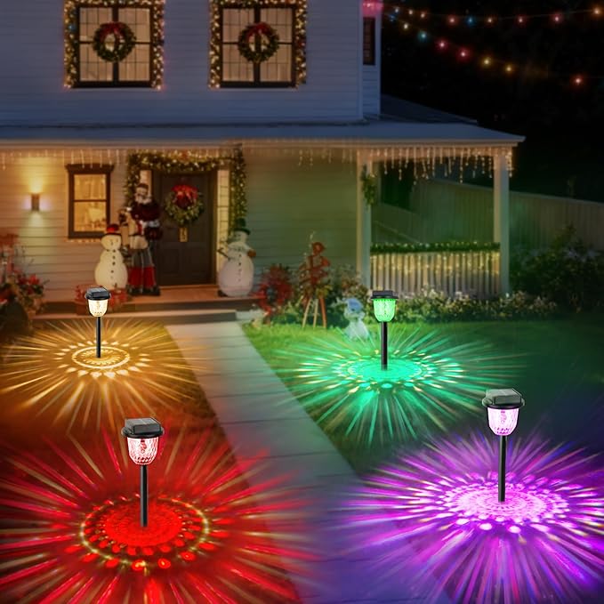 echosari 2 Pack Color Changing Solar Pathway Lights, Dynamic Multicolor & Warm White Christmas Solar Lights Outdoor Waterproof Garden Lights for Landscape Path Driveway Walkway Lawn