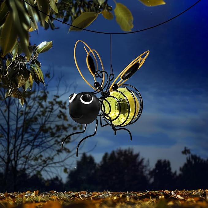 EVOLUX Outdoor Hanging Bee Solar Light Decor for Outside, Glowing Metal Bee with Spring Figurine Lights for Outside Yard Garden Decor Front Porch Backyard for Mom Grandma and Friends (1 pc)