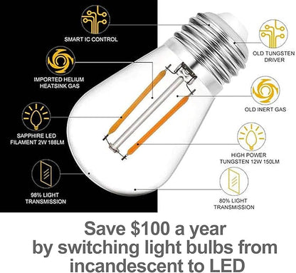 Solatec LED String Lights, Shatterproof 96FT 30 Hanging Sockets Commercial Grade Waterproof 2W Outdoor String Light Decor for Patio, Garden, Balcony, Deck S14 2W (30 Lights 96FT)