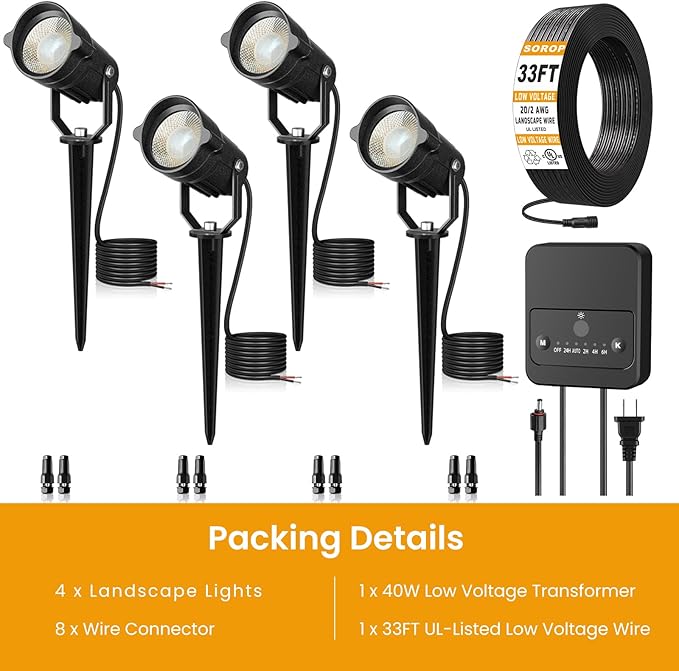 6W Low Voltage Landscape Lighting Kit, Landscape Lights with Transformer 33FT UL-Listed Wire & Connectors, 3000K | Lumora