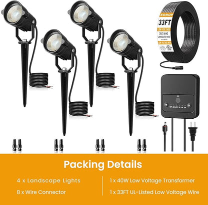 6W Low Voltage Landscape Lighting Kit, Landscape Lights with Transformer 33FT UL-Listed Wire & Connectors, 3000K Waterproof Outdoor Garden Lights for Yard House Tree 12V-24V 4Pack