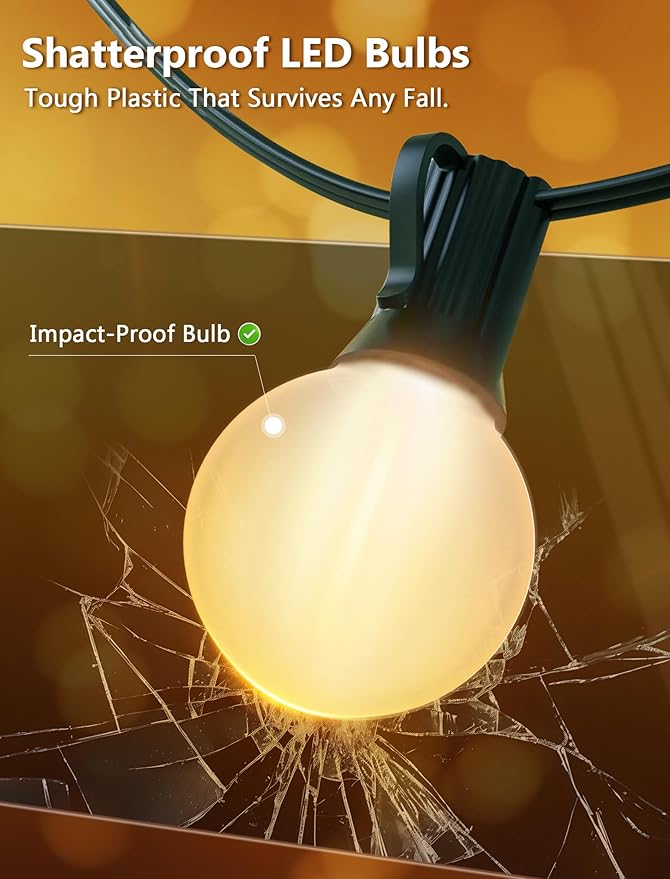 25FT G40 LED Frosted Outdoor String Lights, Globe String Lights with 27 Edison Shatterproof Bulbs(2 Spare), Decorative Lights for Bedroom Bistro Café Wedding, Warm White, Green Wire