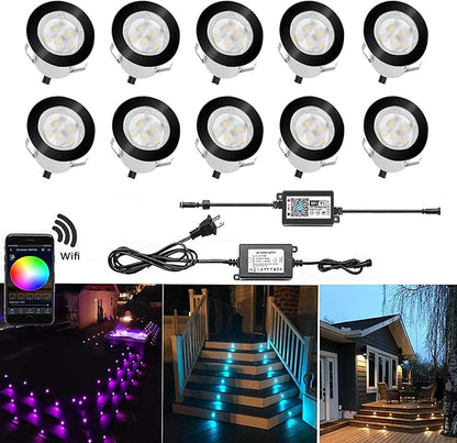 Smart LED Deck Lights Kit WiFi Controlled Color Changeable,Φ1.38“Outdoor IP67 Waterproof Low Voltage Step Lights In-Ground Lighting,Works with Samrt Phone,Alexa, Google Home(Black Border,10pack)