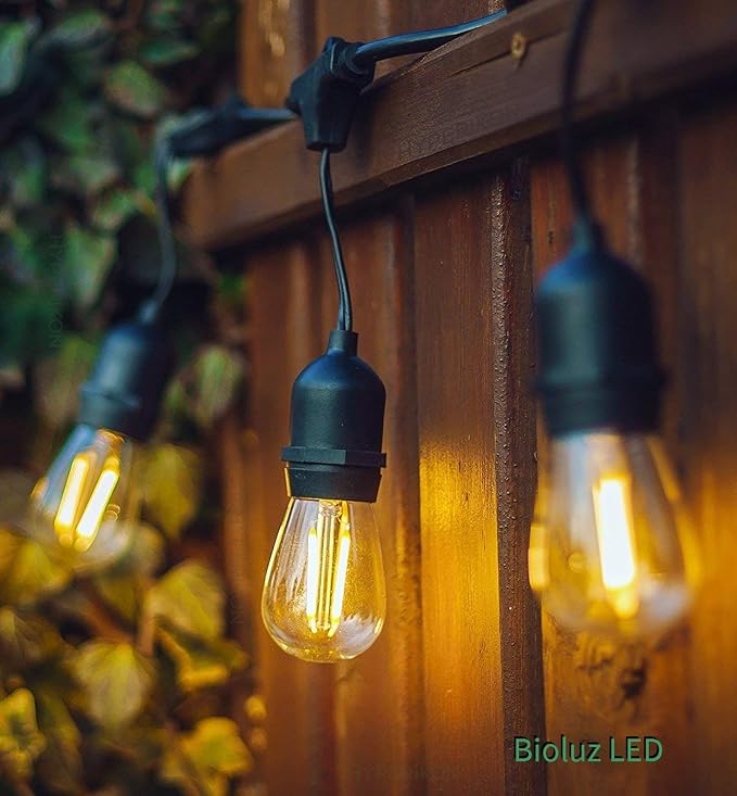Bioluz LED Outdoor String Lights, 48' String Lights for Patio, Weatherproof with 15 Sockets with 16 Vintage LED Bulbs (1 Extra) for Porch Deck Bistro Garden Party UL Listed