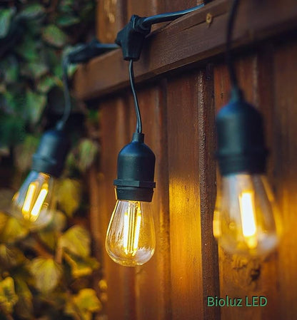Bioluz LED Outdoor String Lights, 48' String Lights for Patio, Weatherproof with 15 Sockets with 16 Vintage LED Bulbs (1 Extra) for Porch Deck Bistro Garden Party UL Listed