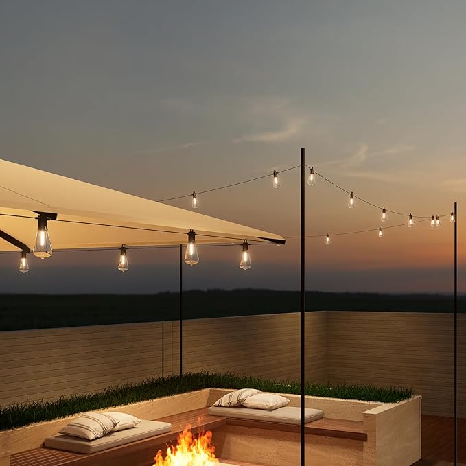 48ft Dimmable Patio Lights with 15+1 S14 Retro Edison Bulbs & 144 Fairy Rope and LED Patio Lights with 52（50+2 Spare ST38 Shatterproof Bulbs