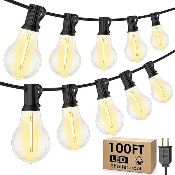 100FT LED Outdoor String Lights, Waterproof Patio Lights with 32 Shatterproof Dimmable 2700K A39 Bulbs Hanging | Lumora