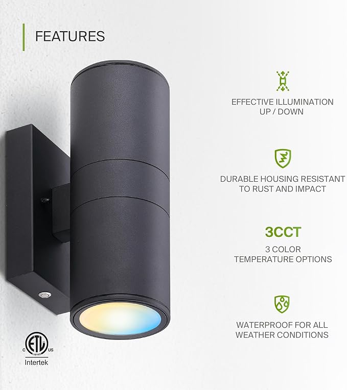 ASD 2 Light LED Indoor & Outdoor Wall Light Fixture with Emergency Battery Backup | 18W 1676LM 3000K-5000K 120-277V Cylinder Up Down Lights | Exterior Wall Sconce Porch & Patio | Black, ETL
