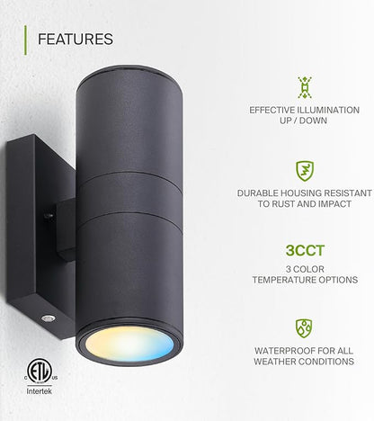 ASD 2 Light LED Indoor & Outdoor Wall Light Fixture with Emergency Battery Backup | 18W 1676LM 3000K-5000K 120-277V Cylinder Up Down Lights | Exterior Wall Sconce Porch & Patio | Black, ETL