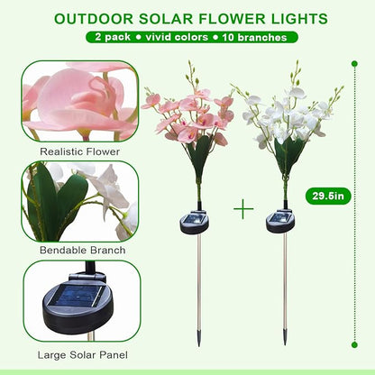 Solar Flower Lights, 2 Pack Solar Flowers with Pink & White Orchids, Solar Outdoor Lights, Waterproof Solar Garden Lights for Yard, Patio, Pathway, Lawn, Flowerbed, Grave, Cemetery Decor