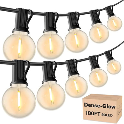 RTTY Dense-Glow Outdoor String Lights 180ft, G40 Led Patio Globe Lights with 93pcs Bulbs,Shatterproof Waterproof Connectable Hanging for Porch Cafe Bistro Backyard Gazebo Balcony Deck Party
