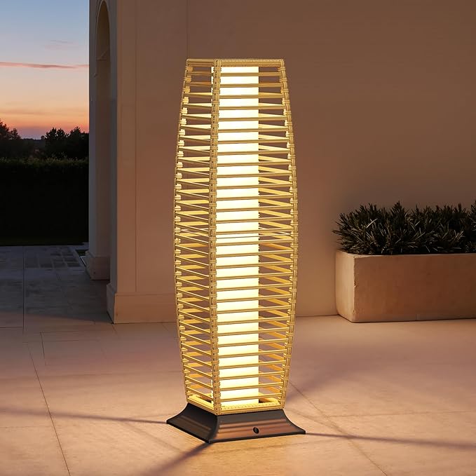 Grand patio 2-Piece Outdoor Floor Lamp Solar Lantern, Water-Resistant Wicker Boho Patio Light with 50/100 Lumens Dual Brightness & Memory Mode for Garden Porch Deck Decor, Large Crossover Natural