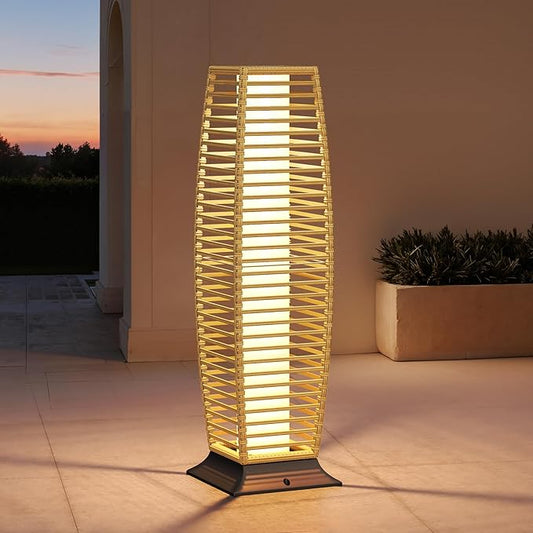 Grand patio Outdoor Floor Lamp Solar Lantern, Water-Resistant Natural Wicker Boho Patio Light with 50/100 Lumens Dual Brightness & Memory Mode for Garden Porch Deck Decor, Large Crossover Natural