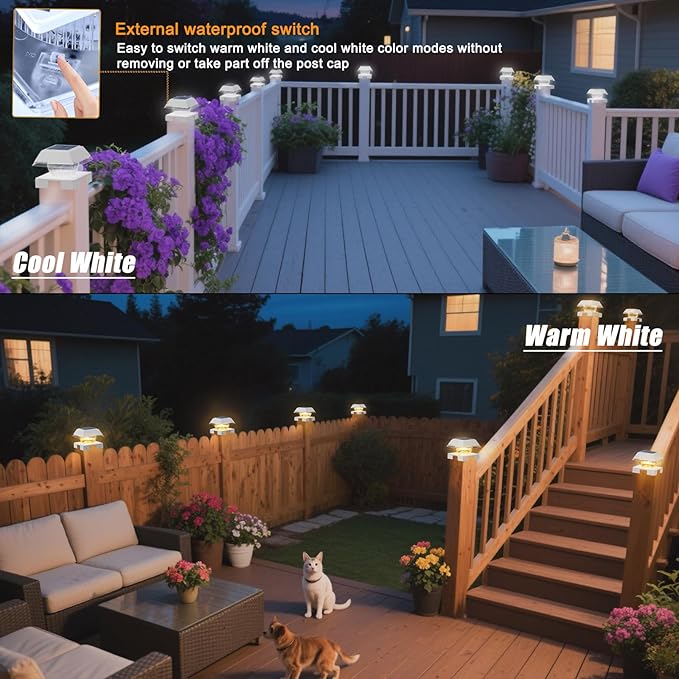 4x4 Solar Post Cap Lights with 2 Lighting Modes, 6 Packs Outdoor Post Light Solar Powered Waterproof IP65, Fence Deck Lights for 4×4 Wood/Vinyl Posts, White