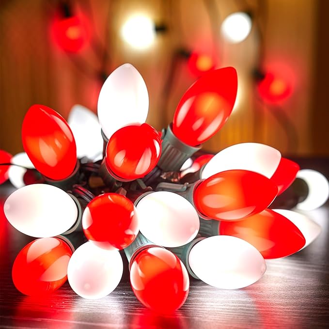 Vintage C9 LED Christmas Lights Outdoor, 50 Feet String with 50 Shatterproof Matte Bulbs, Connectable Waterproof Tree Lights for Holiday Roofline Backyard Garden Decor, Red & Pure White
