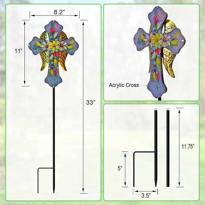 WAIU Solar Cross Garden Stake Lights,Metal Angel Wing & Acrylic Flowers Cross Solar Christmas Lights Outdoor,Waterproof Memorial Garden Decor for Cemetery,Grave,and Remembrance Gifts