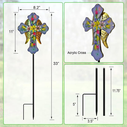 WAIU Solar Cross Garden Stake Lights,Metal Angel Wing & Acrylic Flowers Cross Solar Christmas Lights Outdoor,Waterproof Memorial Garden Decor for Cemetery,Grave,and Remembrance Gifts