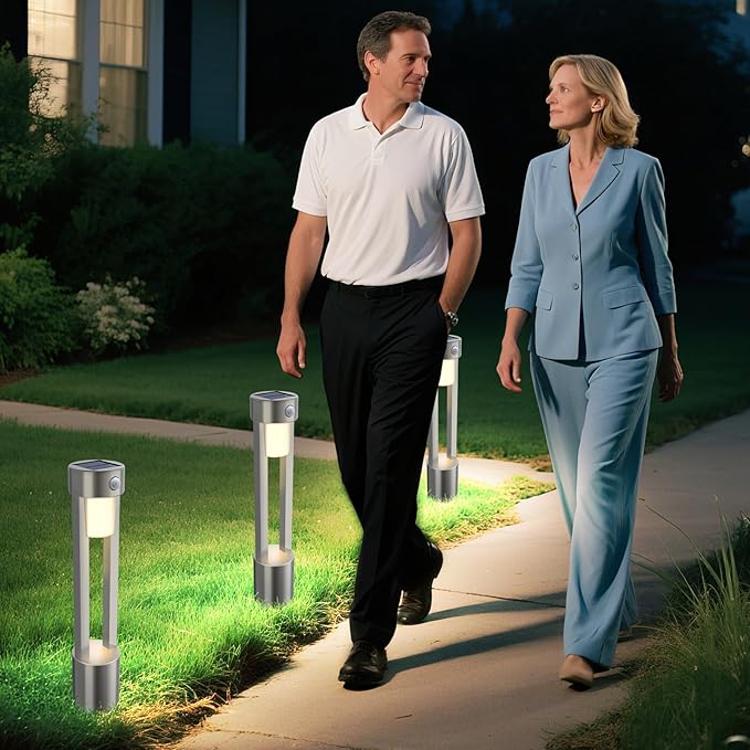 Solar Bollard Lights Outdoor Stainless Steel Pathlight Security Light Motion-Sensor Security Light Metal 2Pack