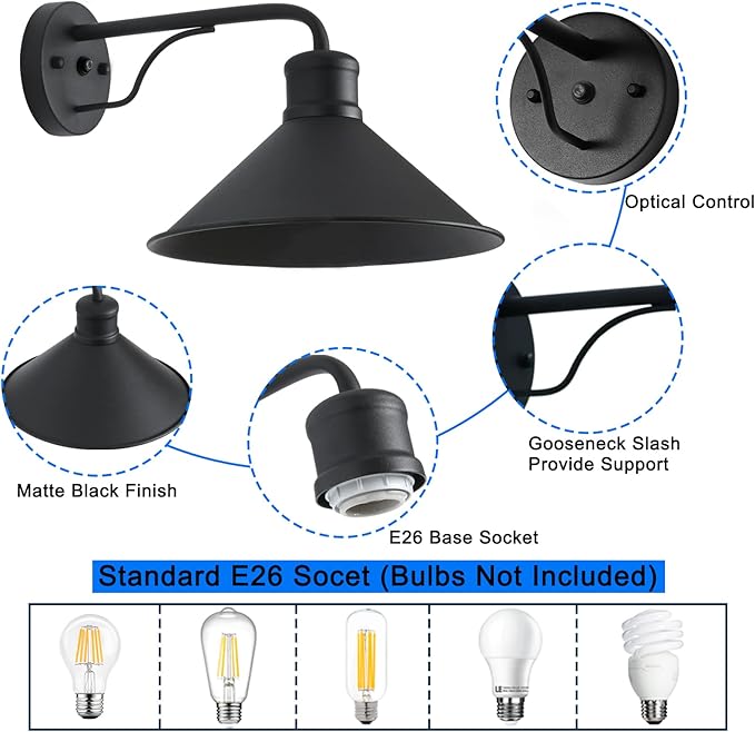 Outdoor Light Fixture for Porch and House, 12" Exterior Barn Light with Dusk to Dawn Black Classic Light Fixture for Farmhouse (Set of 3)