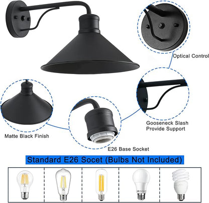 Outdoor Light Fixture for Porch and House, 12" Exterior Barn Light with Dusk to Dawn Black Classic Light Fixture for Farmhouse (Set of 3)
