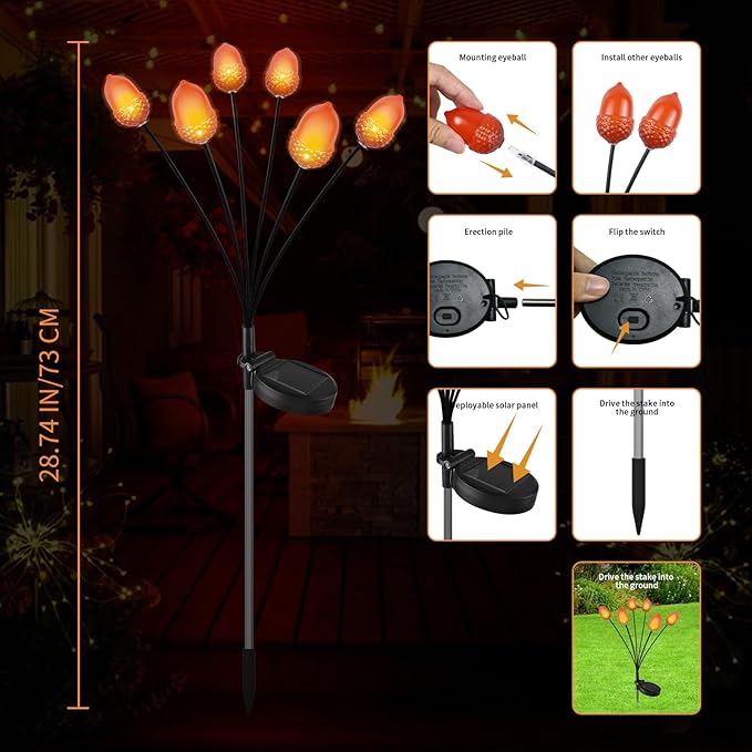 Thanksgiving Decorations Outdoor Solar Garden Lights,12LED Artificial Big 3D Acorn Thanksgiving Light, Fall Decor Solar Path Lights for Home Autumn Harvest Fall Party Decor,2PACKS Orange
