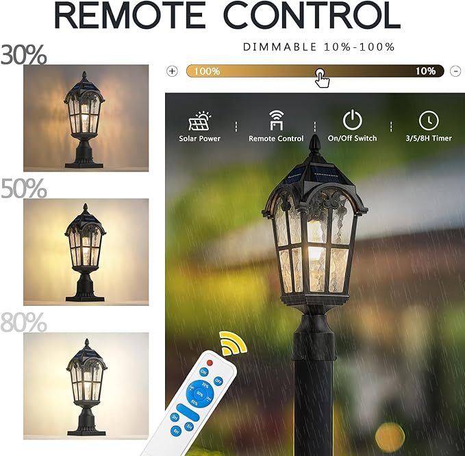 Emliviar 17.3 Inch Solar Lamp Post Light in Black Finish, Dusk to Dawn Outdoor Light Fixture with Remote Control | Lumora