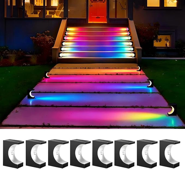 8 Pack Solar Step Lights Outdoor, IP65 Waterproof LED Stair Lights with RGB Color Changing for Garden, Patio, Yard | Lumora