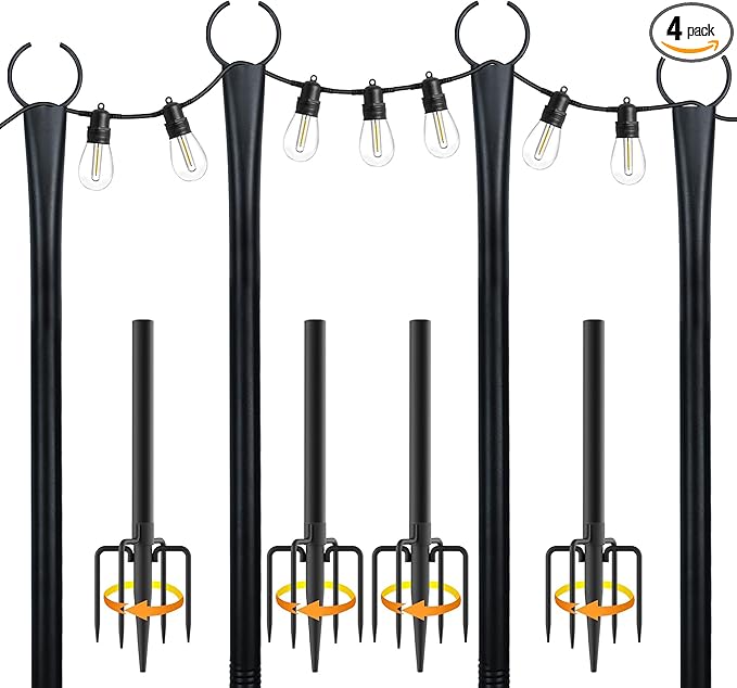10 Ft String Light Poles for Outside, 4 Pack Heavy-Duty Metal Poles for Outdoor Hanging Lights with Fence Brackets | Lumora