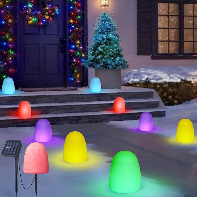 24 Pcs 6'' Gumdrop Christmas Pathway Solar Lights Waterproof 6 in 1 LED Gumdrop Solar Stake Light with 5 Colors for Xmas Path Lawn Garden Landscape Courtyard Sidewalk Driveway Walk Way Outdoor Light