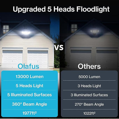 Olafus 130W Flood Light Outdoor, Switch Controlled 13000LM LED Security Light, IP65 Waterproof Outside Floodlight with 5 Adjustable Heads, 6500K Exterior Flood Light Fixture Wired, No Motion Sensor