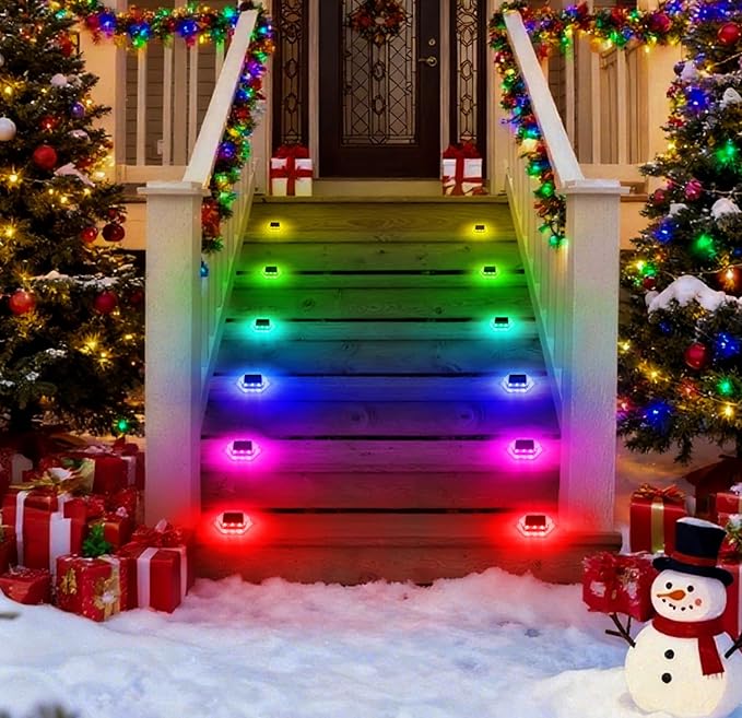 Solar Deck Dock Step Lights- 4 Packs Waterproof 1200mAh Auto ON/Off LED Solor Powered Stair Lights for Outdoor Garden, Patio, Pathway, Walkway, Driveway (Red & Green & Blue)