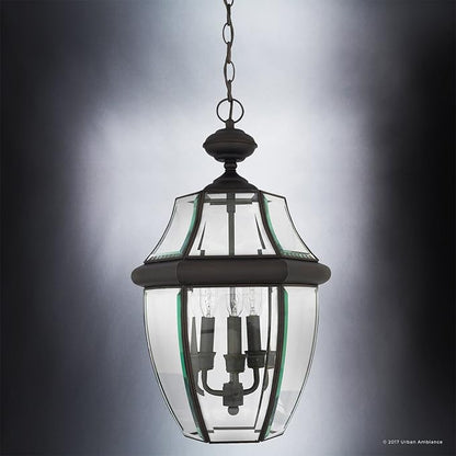 Urban Ambiance Luxury Colonial Outdoor Pendant Light, Large Size: 21" H x 12.5" W, with Tudor Style Elements, Versatile Design, High-End Black Silk Finish and Beveled Glass, UQL1159