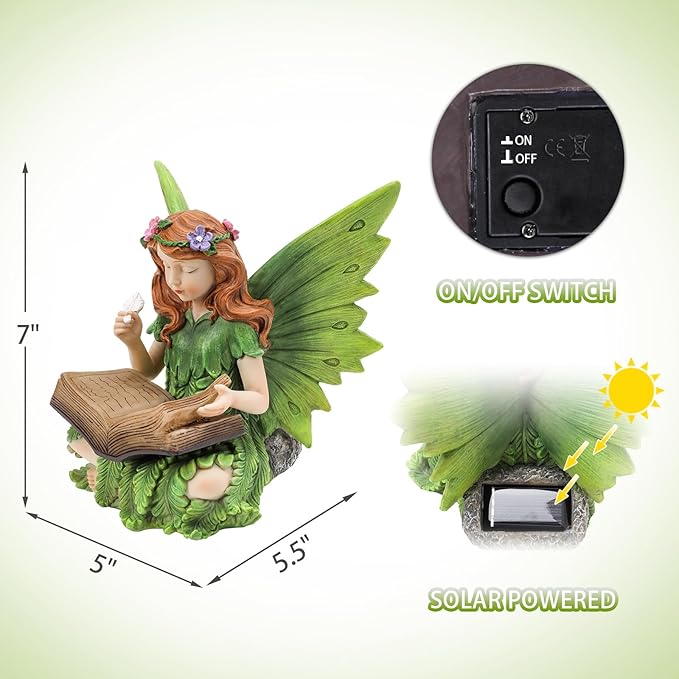 Afirst Solar Garden Fairy Statue, Green Fairy Solar Light Outdoor Resin Statues Figurine Light, Angel Reading Book | Lumora
