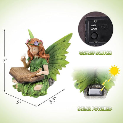 Afirst Solar Garden Fairy Statue, Green Fairy Solar Light Outdoor Resin Statues Figurine Light, Angel Reading Book Sculpture Solar Light for Outside Patio Garden Yard Lawn Decor