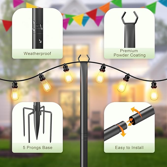 String Light Poles for Outside, 10ft Adjustable Metal Poles for Outdoor String Lights Hanging Light, Outdoor Light | Lumora