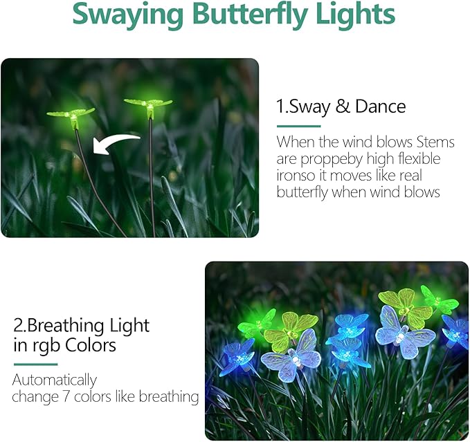 Solar Lights for Outside, RGB Breathing 12 Butterfly Solar Garden Lights - Outdoor Waterproof, Daisy Chained, Perfect for Yard Pathway Patio - 2 Pack