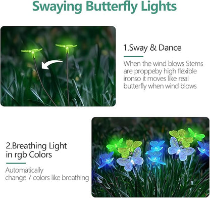 Solar Lights for Outside, RGB Breathing 12 Butterfly Solar Garden Lights - Outdoor Waterproof, Daisy Chained, Perfect for Yard Pathway Patio - 2 Pack