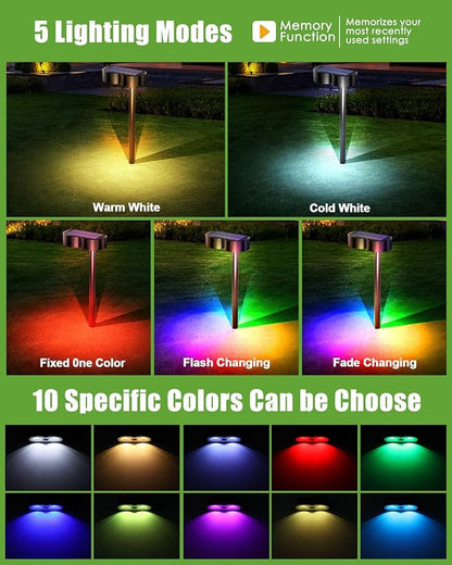 2-in-1 Solar Lights Outdoor 8 Pack with Ground Stakes, RGBWW 10 Fixed Colors & 5 Modes, Waterproof IP65 Solar Landscape Lighting for Outside Garden Lights for Walkway Driveway