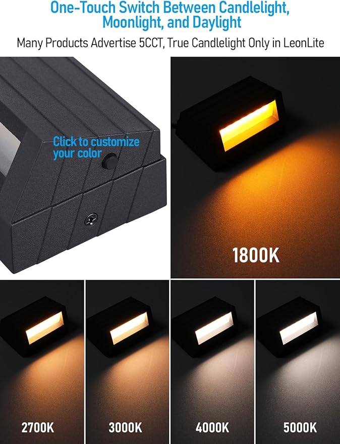 LEONLITE 5CCT Low Voltage Fence Lights, 4inch 3W LED Deck Lights, 12-24V AC/DC Landscape Step Railing Light, CRI90, 1800K/2700K/3000K/4000K/5000K, IP65, UL Listed Cord, Black, Aluminum, Pack of 4
