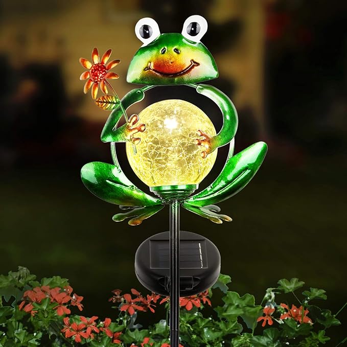 Garden Solar Lights Outdoor Decorative, Metal Frog Shape, Waterproof Stake Lights with 2 FT, Auto ON/Off Solar Powered Light for Lawn, Backyard, Patio, Pathway