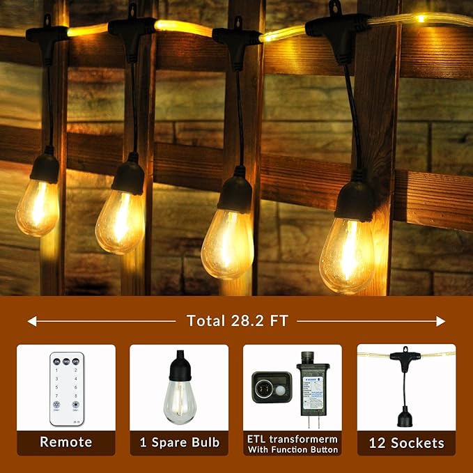 Outdoor String Lights 28.2 FT, Waterproof Dimmable LED Edison Bulbs with Remote, Rope-Style Durable Design | Lumora