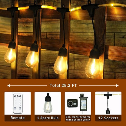 Outdoor String Lights 28.2 FT, Waterproof Dimmable LED Edison Bulbs with Remote, Rope-Style Durable Design, Commercial-Grade Patio Lights, Decorative for Garden,Gazebo,Backyard, Party & Holiday