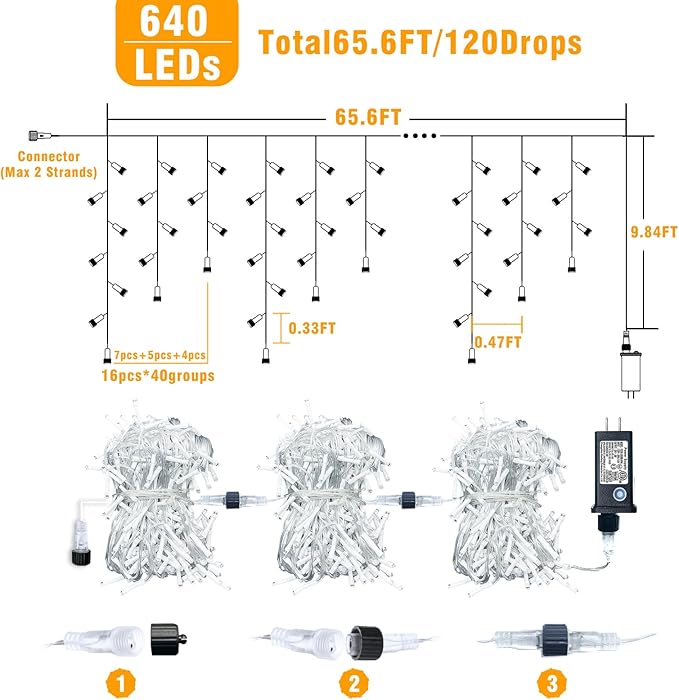 66ft Icicle Lights for Outside, Red White and Green Christmas Lights Outdoor Indoor, 640 LED Twinkle String Light | Lumora