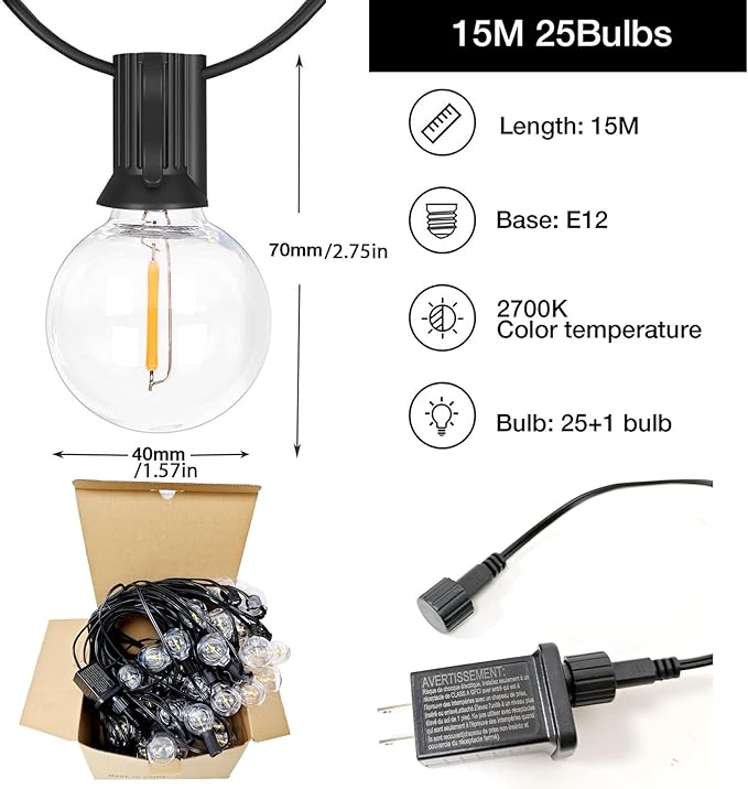 Outdoor LED String Lights with 50 Feet G40 Globe 26 Plastic Bulbs(1 Spare), Waterproof Hanging Light for Patio Backyard Porch Balcony Party Christmas Decoration