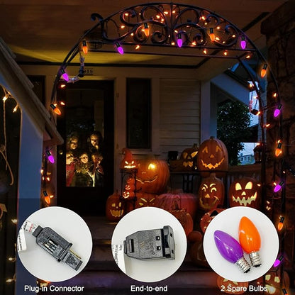 SUNSGNE C7 LED Halloween String Lights Outdoor, 25FT Orange Purple String Lights with 27 Shatterproof Plastic LED Bulbs(2 Spare) for Patio Balcony Backyard Decor, Black Wire
