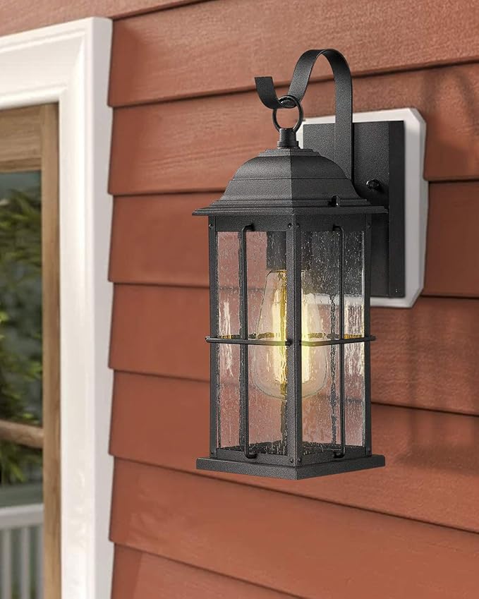 zeyu 1-Light Outdoor Wall Sconce Lantern, 14 inch Exterior Light Fixtures Wall Mount in Black Finish with Seeded Glass Shade, 20071B1