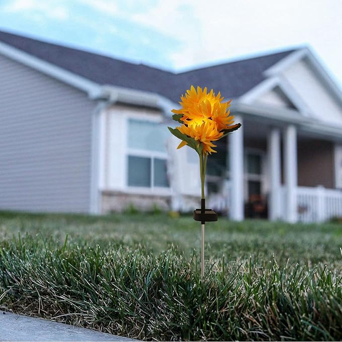 Solar Chrysanthemum Garden Lights 3-Head Yellow Solar Pathway Lamps with Ground Stake for Outdoor Lawn Patio | Lumora