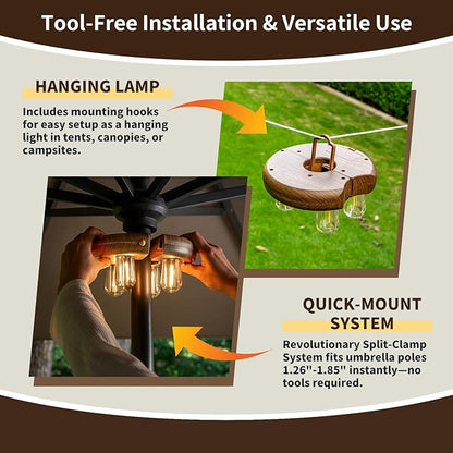 Dark Wood Grain Patio Umbrella Light with Remote Control, Rechargeable Cordless LED Edison Bulbs Pole Light with 10 Brightness Levels for Garden, Patio, Backyard, Camping or BBQ (1 Pack)
