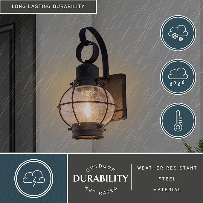 VAXCEL 2-Pack Chatham 12 in. H 1-Light Textured Black Coastal Outdoor Wall Sconce Made of Durable Steel, Clear | Lumora